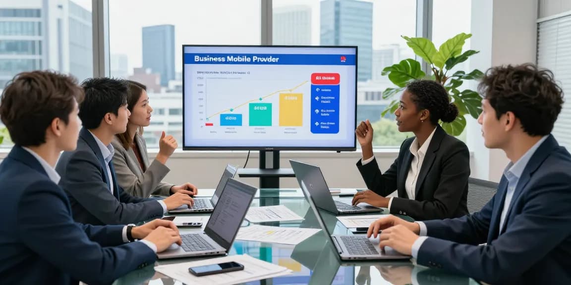 Business team evaluating options from various business mobile providers UK, showcasing collaboration and strategic planning in a modern office.