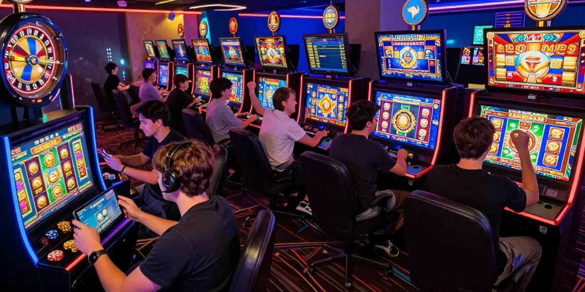 Exciting scene of players enjoying slot depo 5k games with vibrant graphics and joyful expressions in a lively gaming environment.