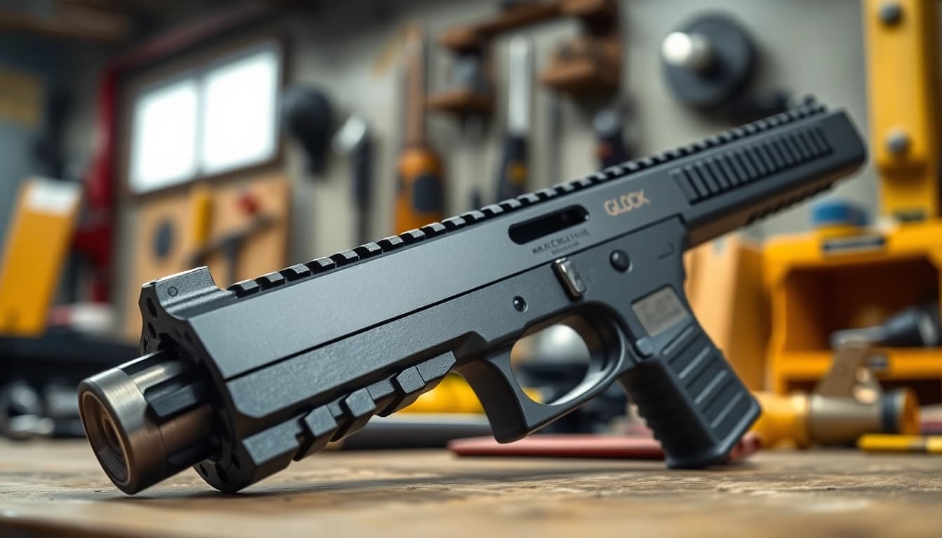 Examine the precision details of a glock slide in a modern workshop environment.