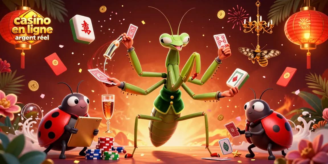 Profitez de l'ambiance animée d'un casino en ligne argent réel avec un mante religieuse et un croupier dans une illustration 3D.