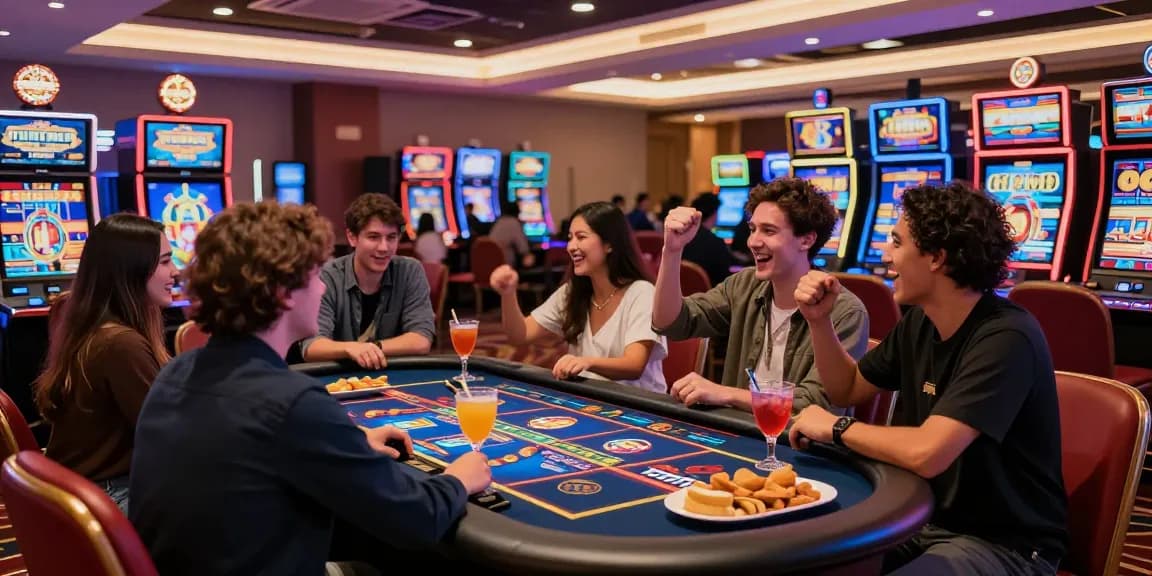 Exciting JPTOTO gaming experience in a lively casino setting, bright slot machines and cheerful players.