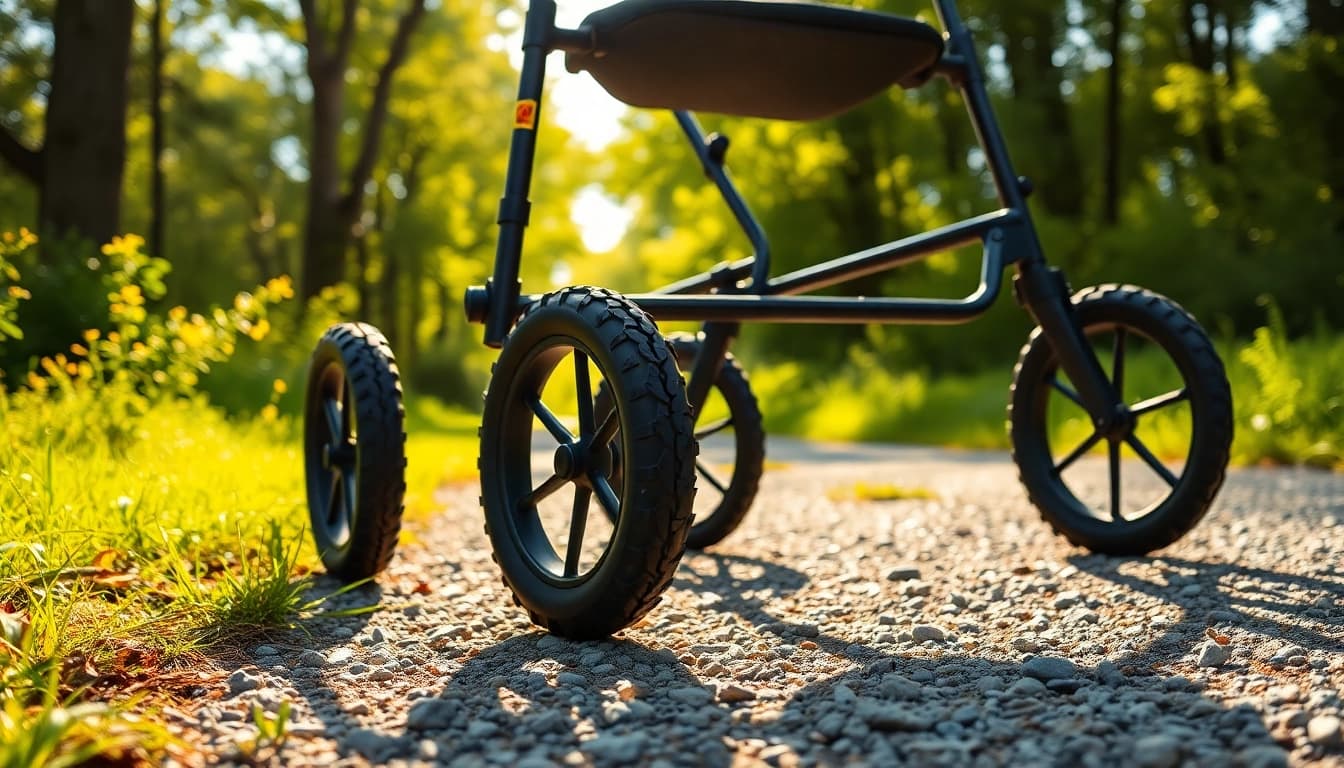 Erleben Sie den rollator große räder auf einem unebenen Weg mit grünem Hintergrund.