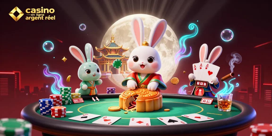 Une illustration de casino en ligne argent réel avec un lapin de lune et des jetons de poker.