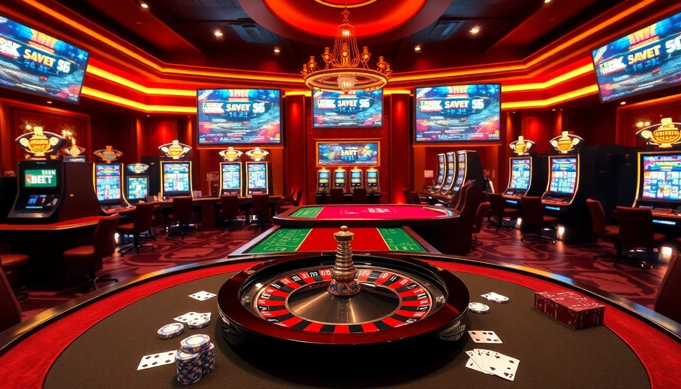 Experience the thrill of betting and gaming with link 28bet in an elegant casino setting featuring poker tables and vibrant slot machines.