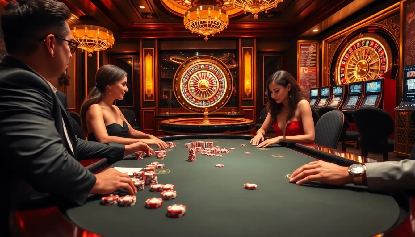 NK88 players engaging at a luxurious poker table with high-stakes chips in a glamorous casino setting.