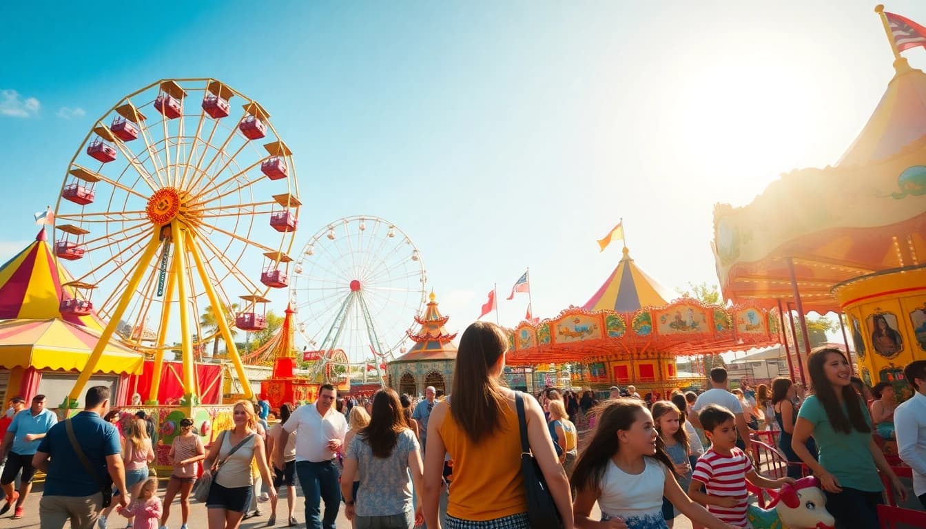 Enjoying funfair hire newcastle with families at a colorful amusement park filled with rides.