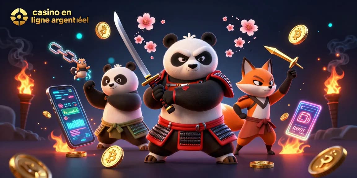 Visuel captivant d'un panda samouraï et un renard ninja dans un monde de casino en ligne argent réel.