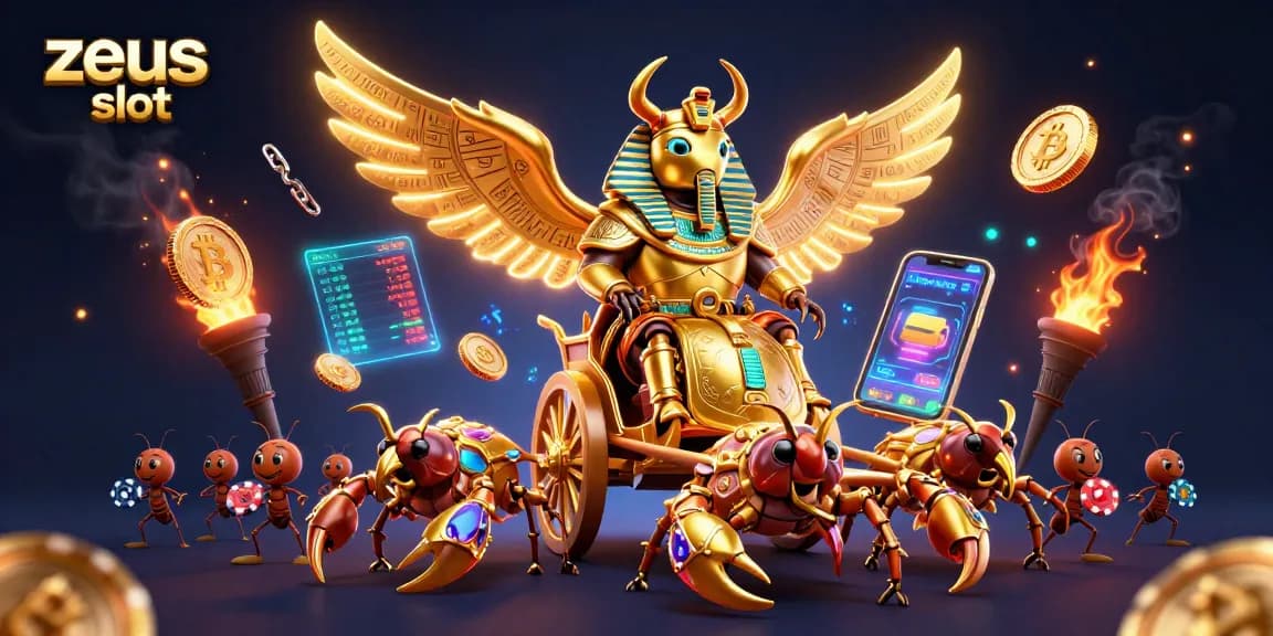 Spin the zeus slot with vibrant animations featuring a golden scarab beetle and dazzling crypto elements.