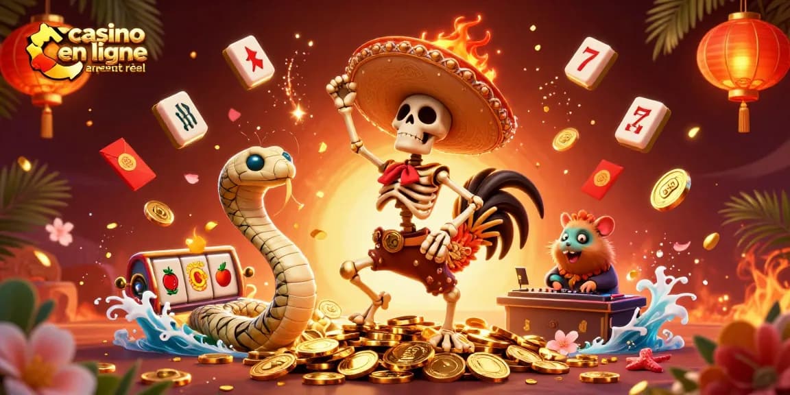 Profitez de l'excitation du casino en ligne argent réel avec un danseur joyeux, des éléments de jeu, et une ambiance festive.