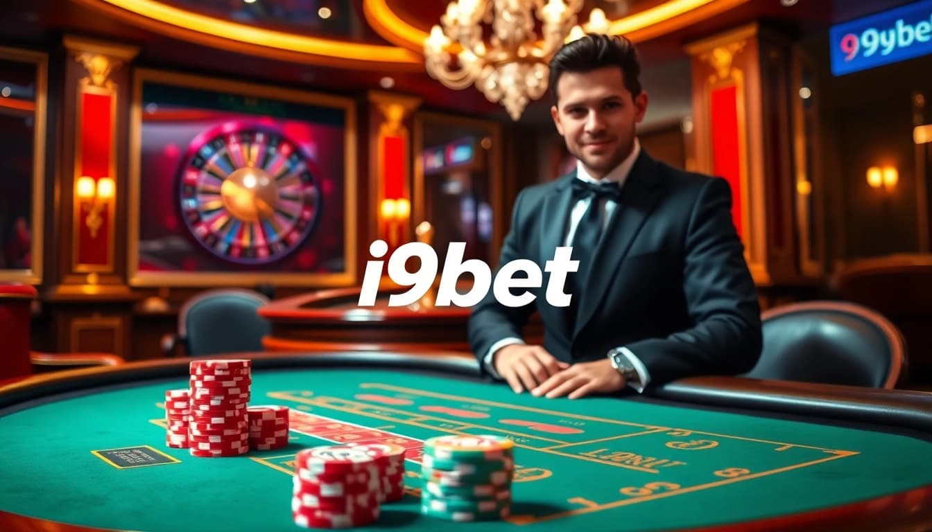 Experience the excitement of i9bet with vibrant poker chips and a professional dealer in a luxurious casino.