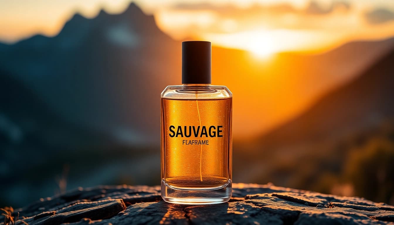 Sauvage fragrance bottle set against a picturesque mountain sunset, symbolizing adventure.