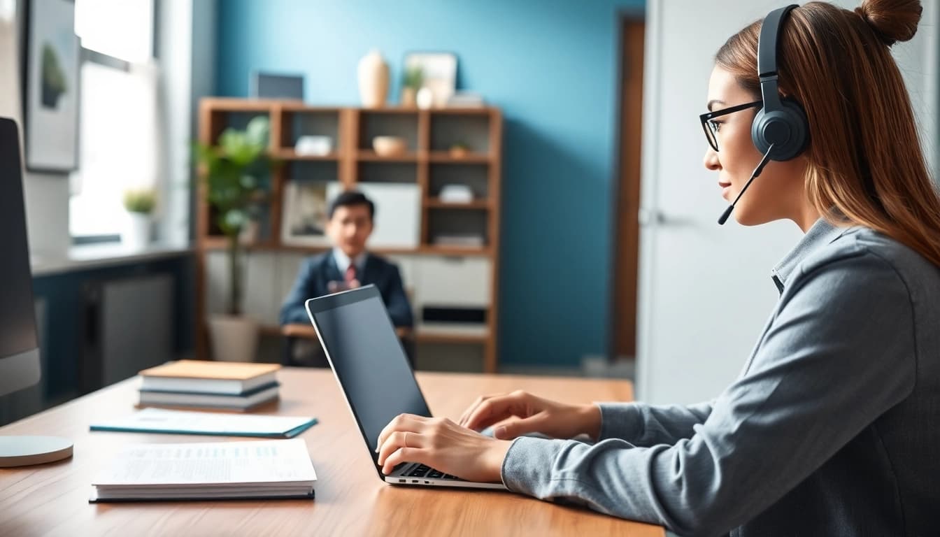 On-demand interpretation in a modern office setting with a professional interpreter using video call technology.