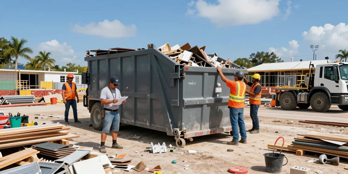 Active construction site in Pompano Beach FL showing contractors using a dumpster rental for efficient waste management.