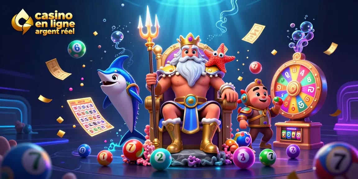 Jouez au casino en ligne argent réel avec le roi Neptune entouré de jeux de loterie et d'effets marins.