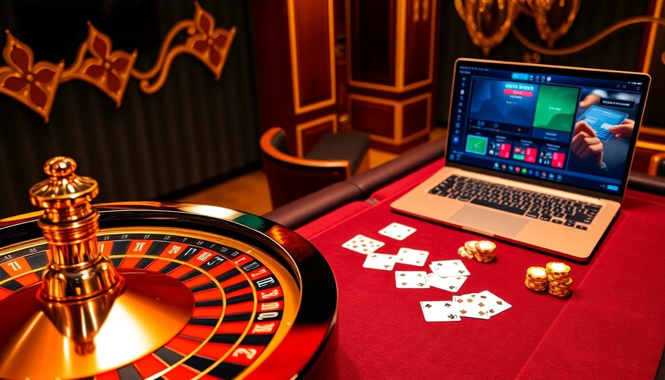 A captivating casino scene with a roulette wheel, poker table, and online interface featuring XX88.AI.