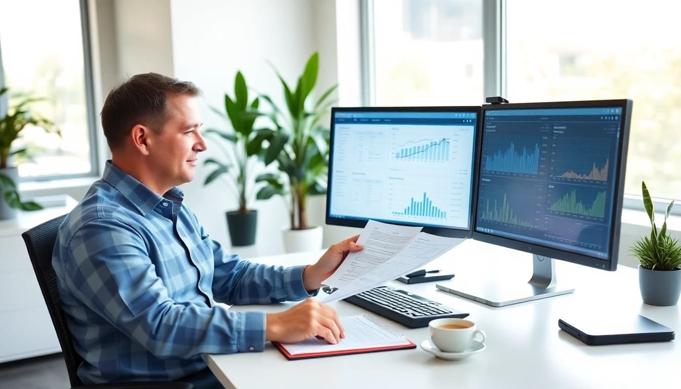 Professional accountant analyzing SMSF financial documents in a modern office
