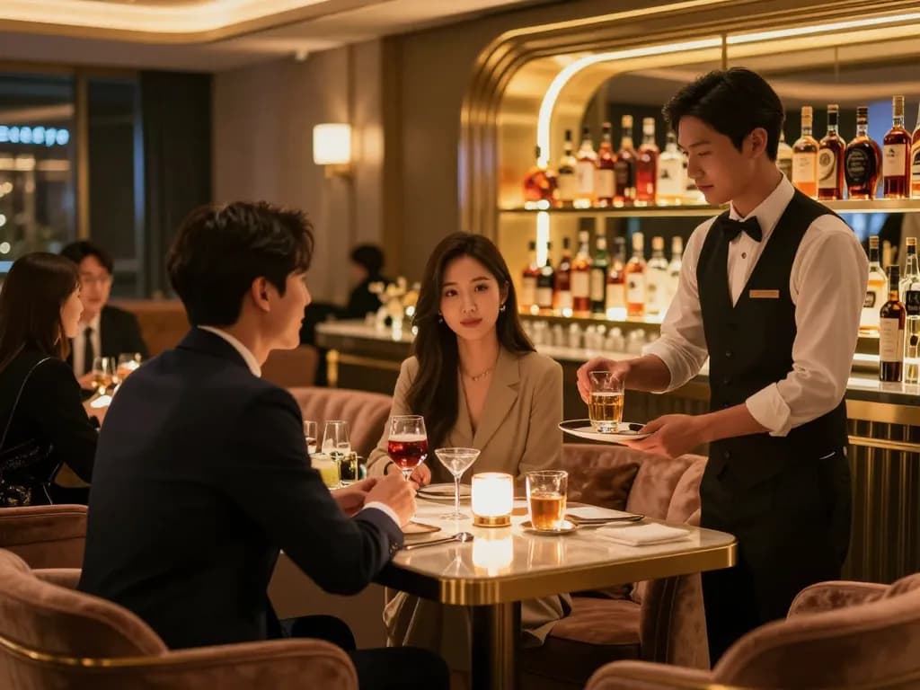 Experience the upscale nightlife of 강남쩜오, featuring stylish patrons enjoying drinks in an elegant bar.