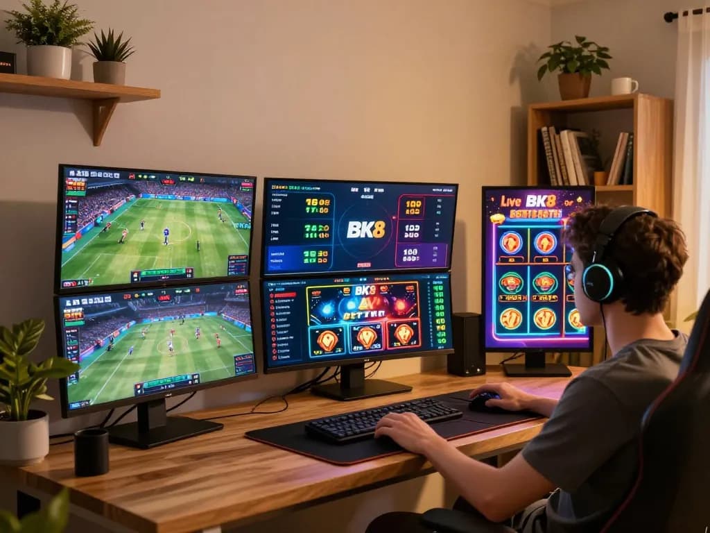Player strategizing sports bets on BK8 platform with multiple screens visible in a cozy home setting