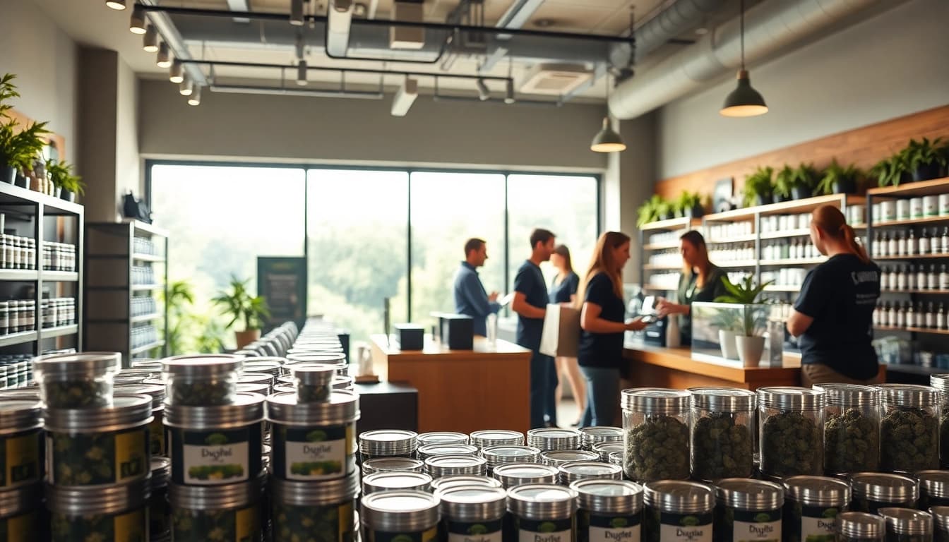 Buy marijuana online UK offers a chic cannabis shop showcasing premium products in a warm setting.
