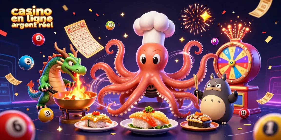Jouer aux jeux de casino en ligne argent réel avec un chef sushi, un dragon et un tanuki.