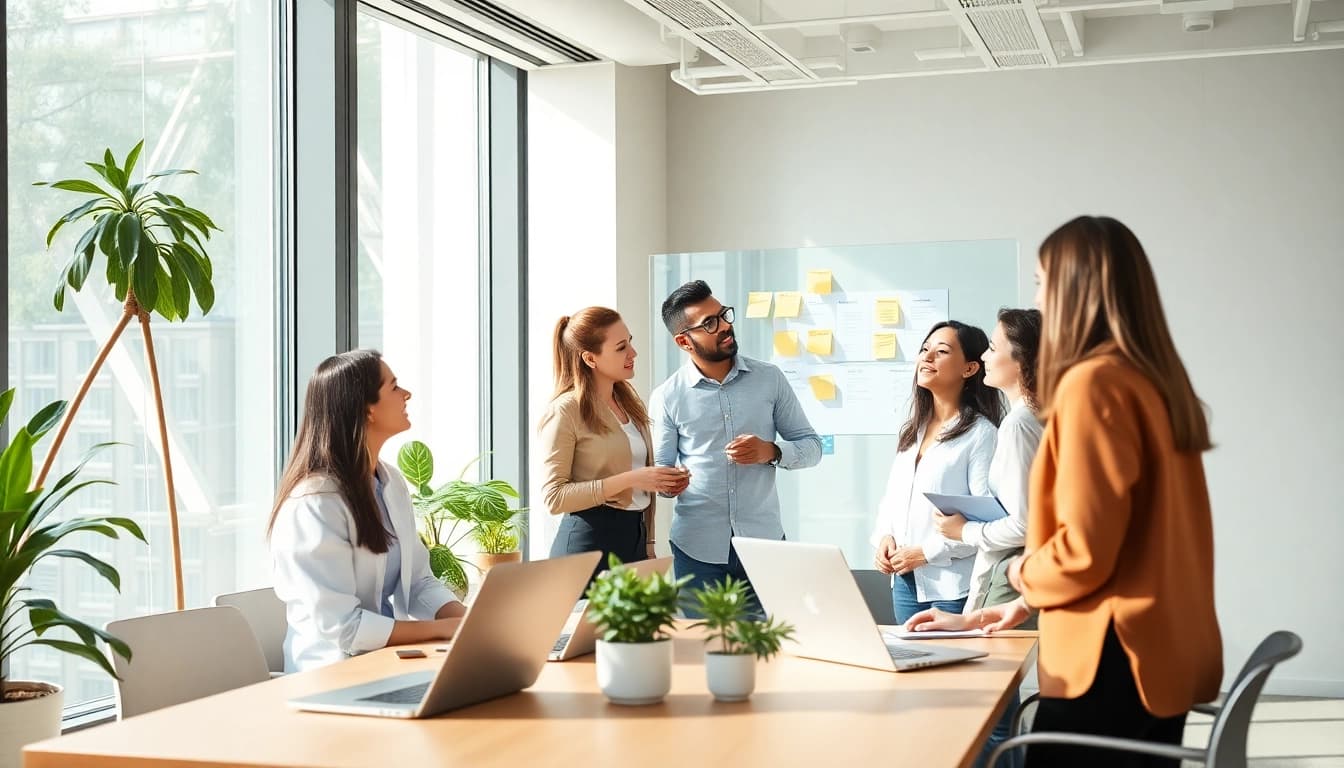 Collaboration à https://kolivent.com dans un bureau moderne, lumière naturelle inspirante et ambiance dynamique.