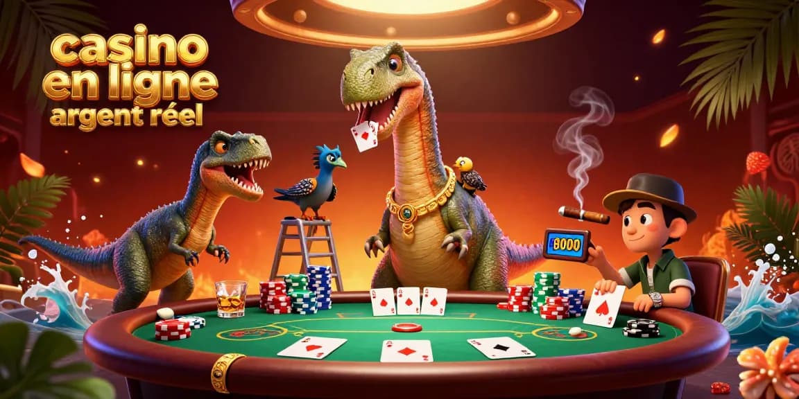 Vivez l'expérience d'un casino en ligne argent réel avec un brontosaurus et un raptor distribuant des cartes.