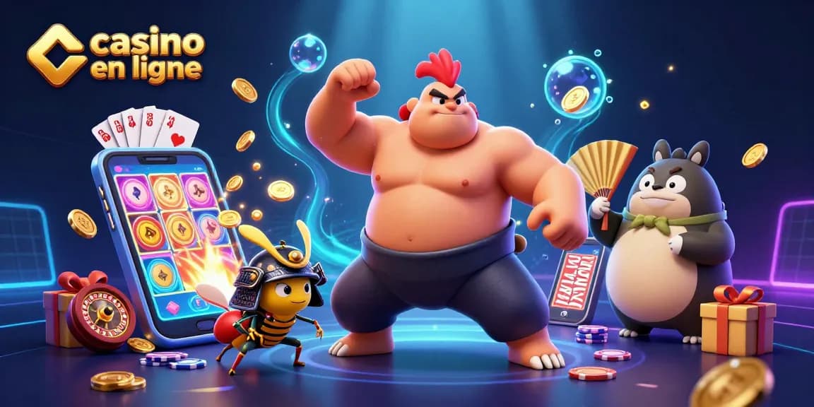 Jouez dans un casino en ligne avec une scène animée illustrant un coq sumo puissant et un crick samouraï.