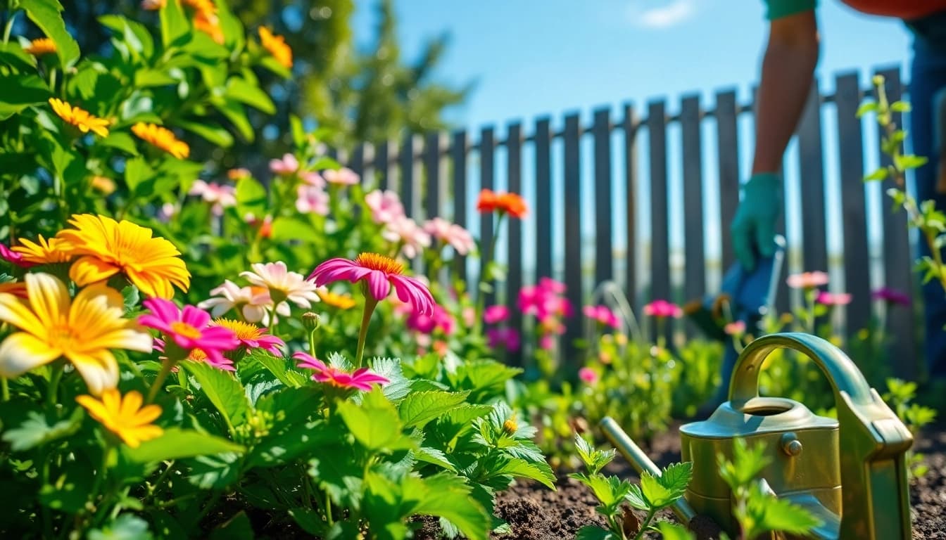 Gardening enthusiast caring for colorful plants in a serene garden setting.