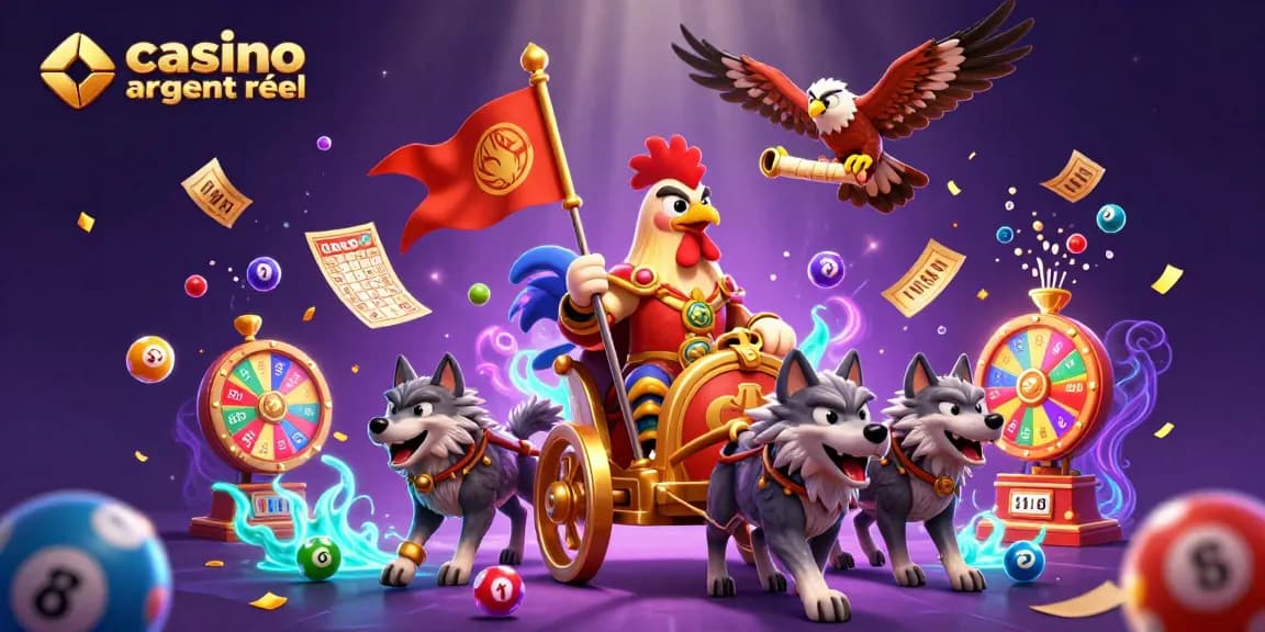 Jouez à casino en ligne argent réel avec un roi coq dans un chariot d'or, entouré de loteries et de jeux.