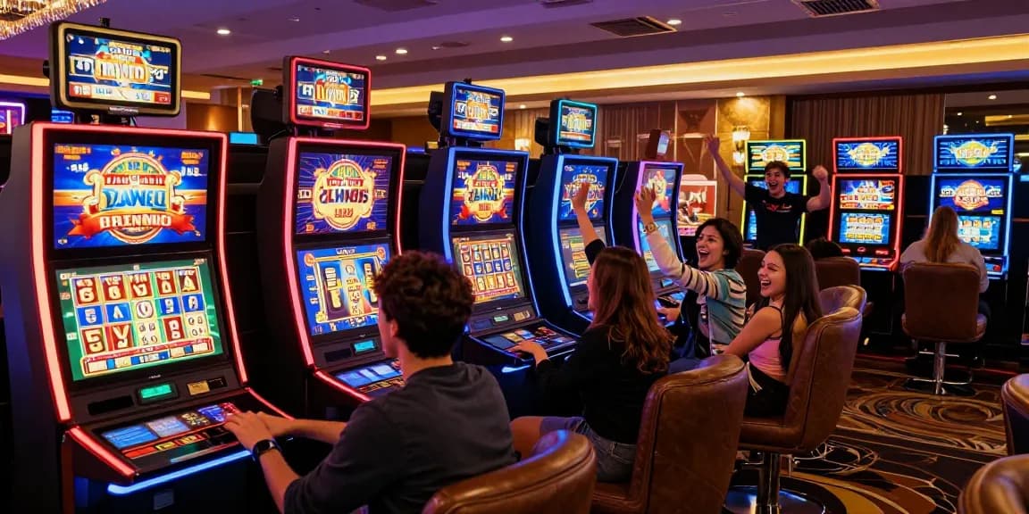 Excited players enjoying slot machines at an online casino with vibrant graphics.