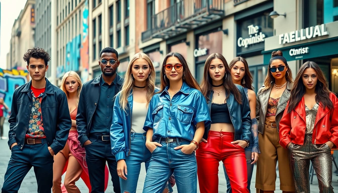 Fashion-forward individuals showcasing trendy outfits against an urban backdrop.