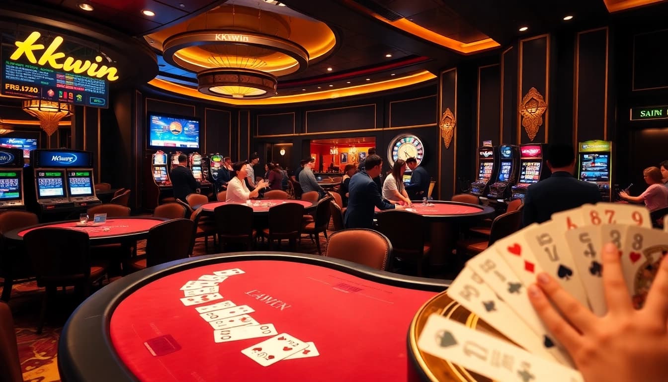 Kkwin players enjoying a lively casino atmosphere with poker and slot machines.