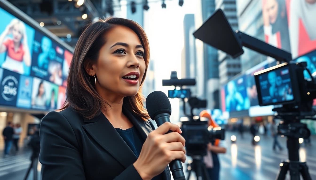 Captivating News journalist delivering breaking News updates in a vibrant studio setting.