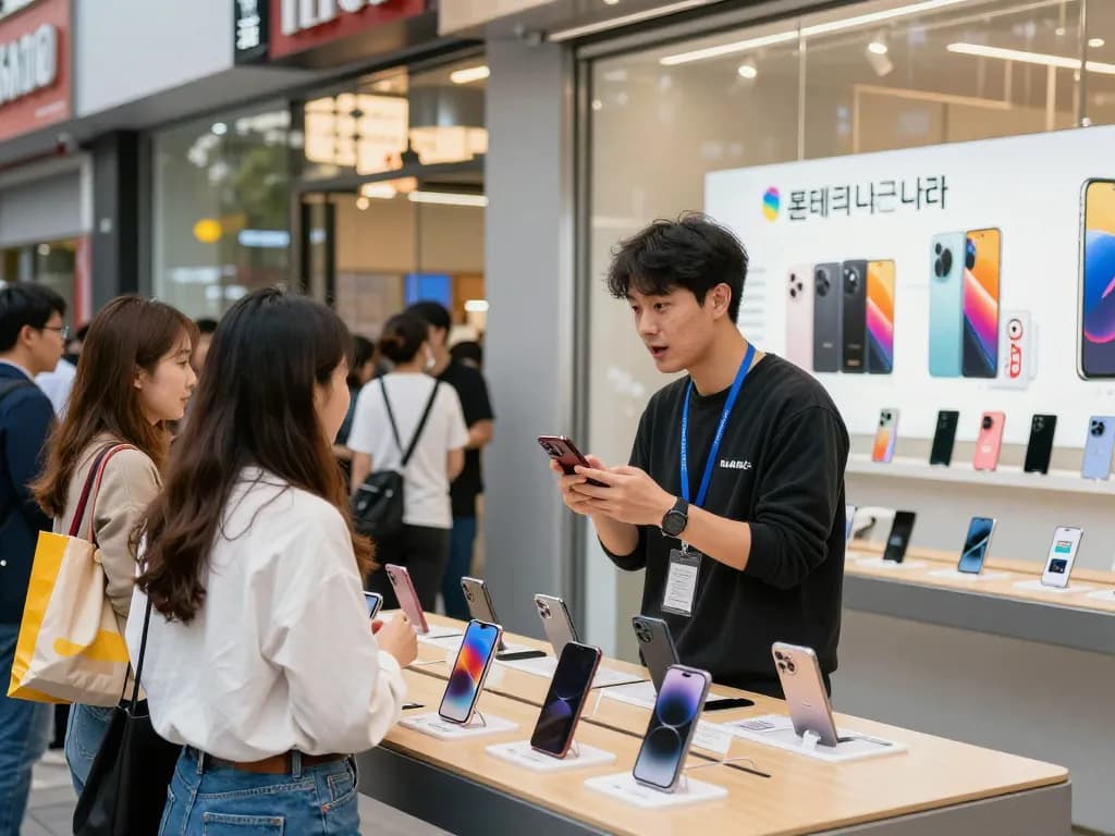 활기찬 소매점에서 폰테크 나라 스마트폰 서비스를 보여주는 매력적인 도시 풍경