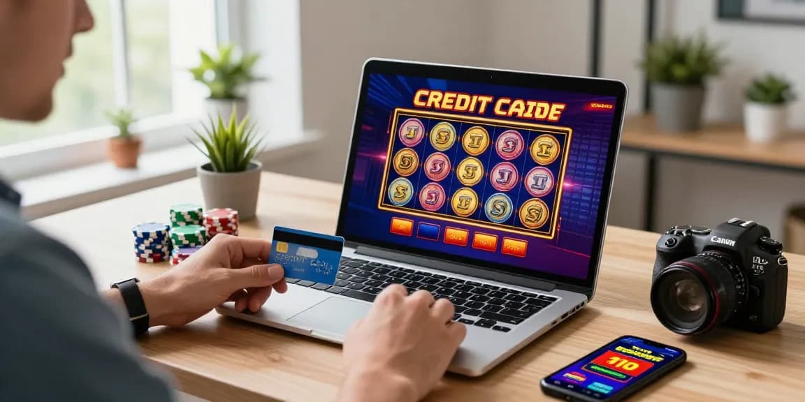 Player at a credit card casino, enjoying colorful slot games with a credit card in hand.