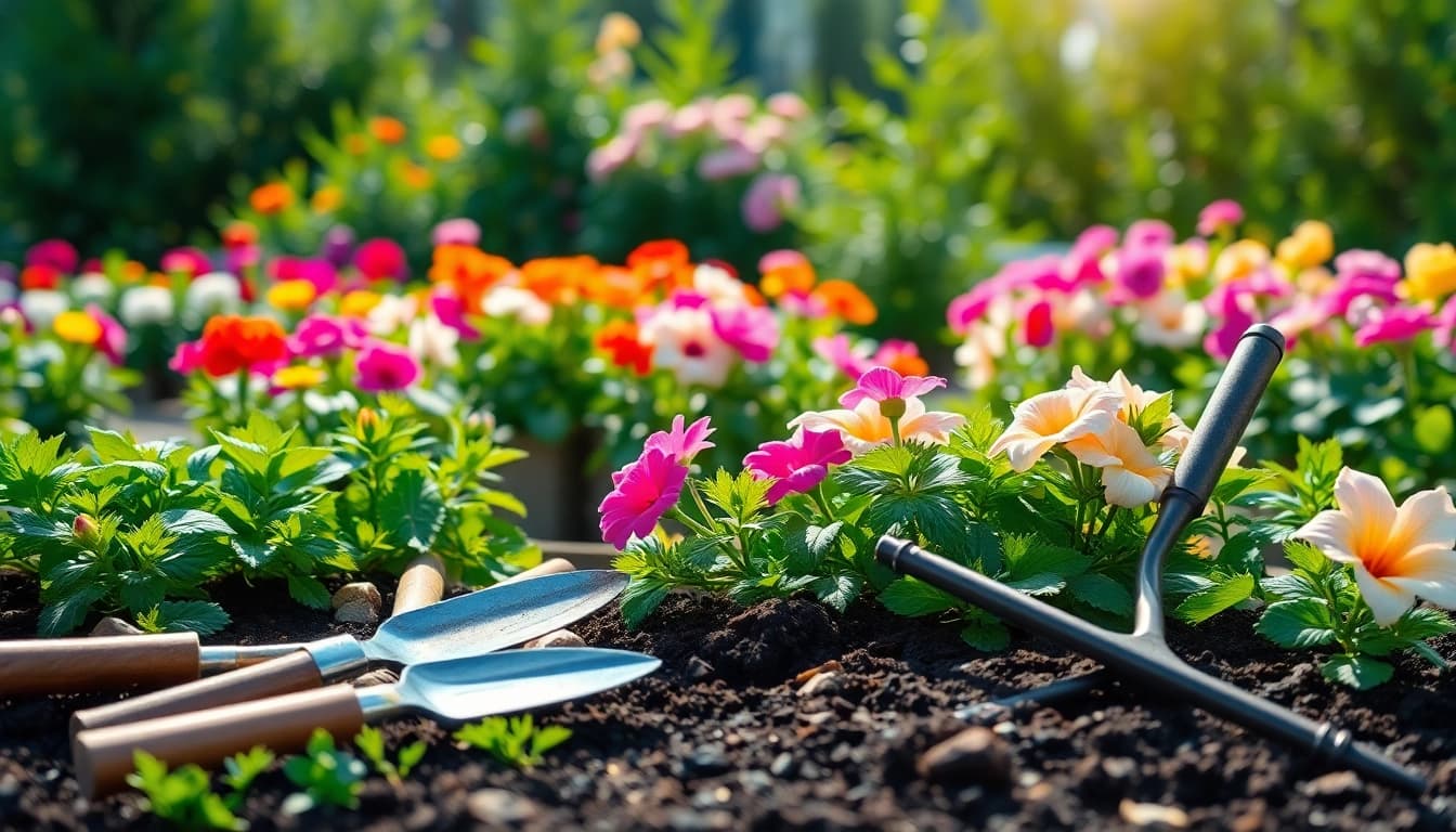 Gardening tools and colorful flowers showcase the beauty of gardening in a serene outdoor setting.