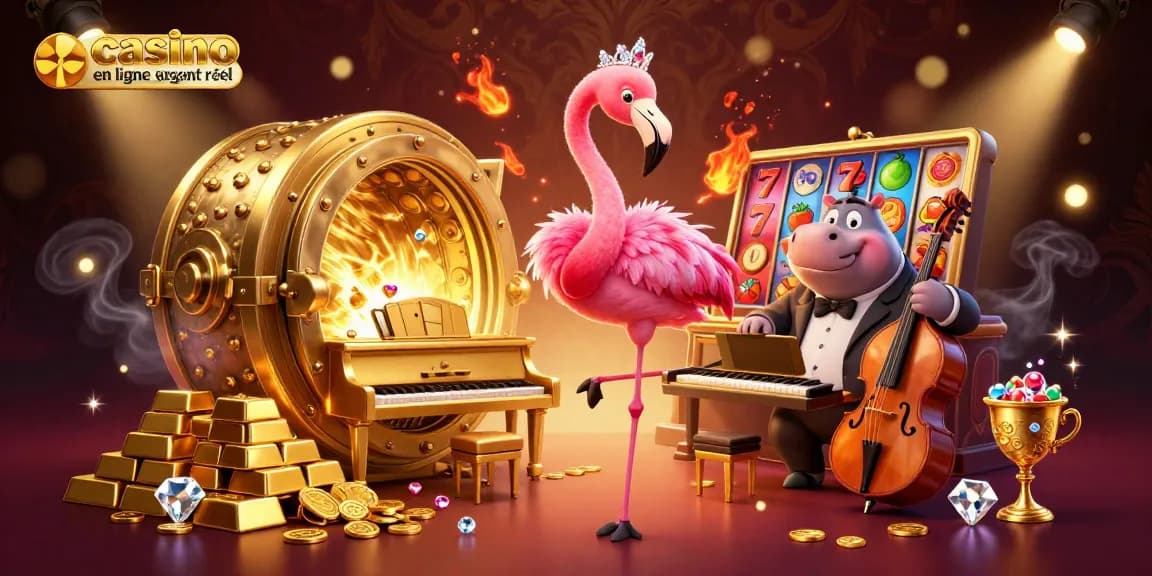 Profitez de l'expérience d'un casino en ligne argent réel avec un flamant chanteur et un hippopotame au piano.