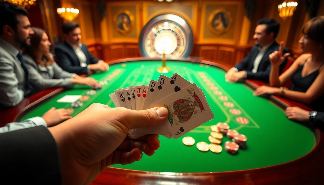 Experience the thrill at QQ88 with vibrant poker chips and engaging players in a casino atmosphere.