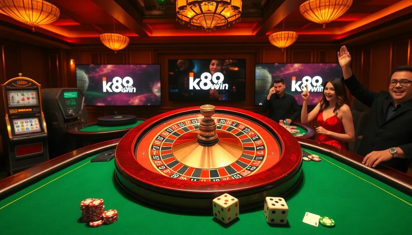 Players celebrating wins at k88win inside an illuminated casino with vibrant gaming tables.