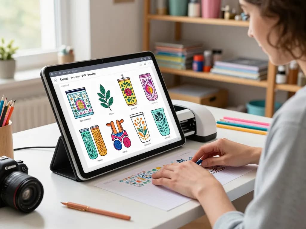 Engaging scene of a crafting workspace showcasing SVG bundle designs for Cricut projects.