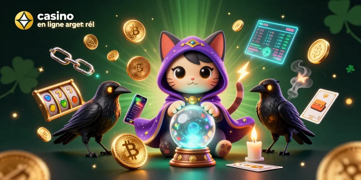 Visualisez une expérience de jeu avec casino en ligne argent réel au milieu d'une illustration de féérie, réunissant personnages mystérieux et éléments de jeu.