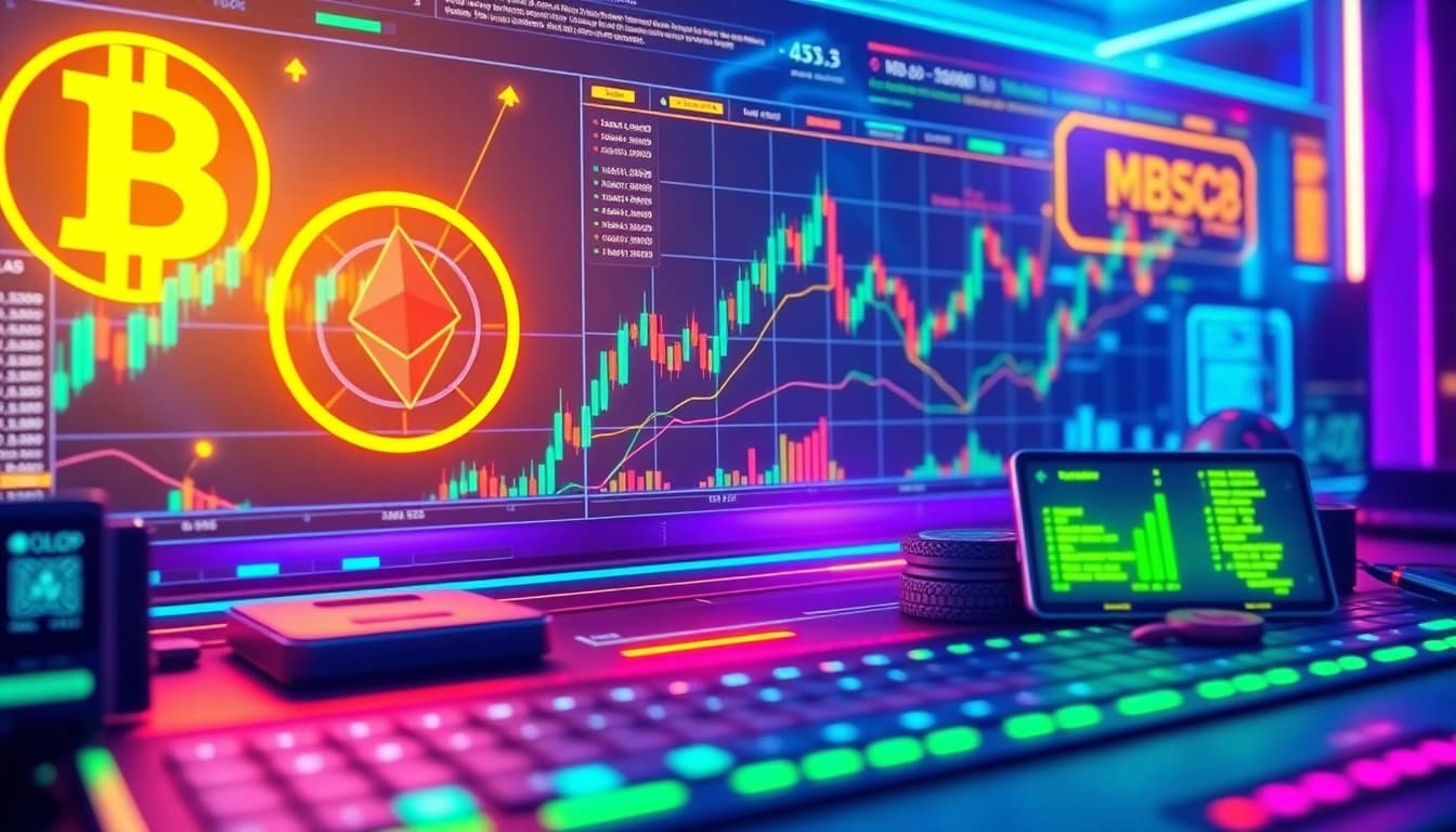 Kalkulator zysków z handlu kryptowalutami z wizualizacjami smart kontraktów i elementami bezpieczeństwa blockchain.