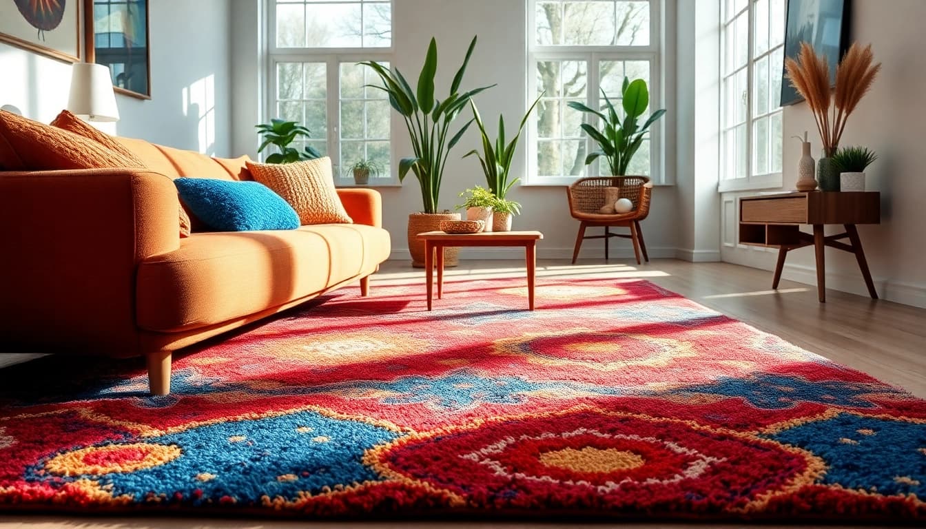 Bright, cozy living room showcasing colorful washable rugs on the floor.