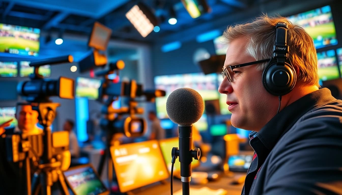 Engaging sports broadcasting setup with announcer and dynamic sports footage on screens.