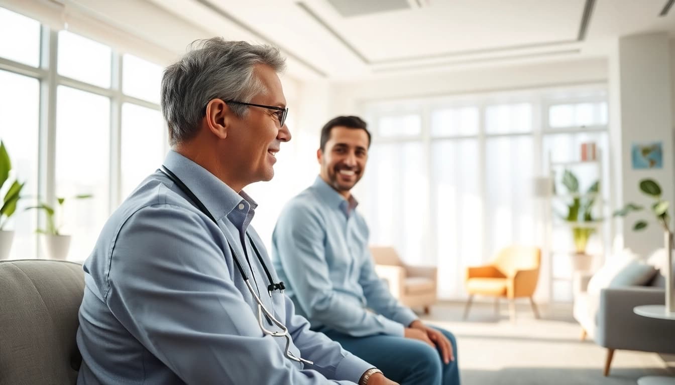Engaged psychiatrist in Dubai’s calming office setting, emphasizing psychiatry dubai expertise.