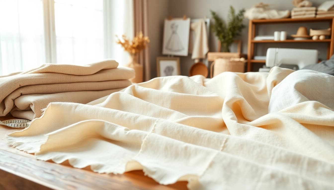 Hoogwaardige linnen stoffen mooi gepresenteerd op een houten tafel met creatieve elementen.