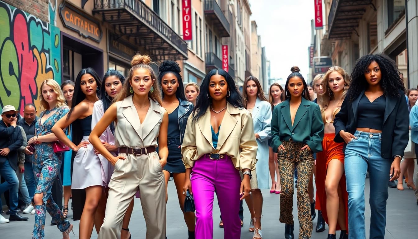 Stunning fashion models showcasing modern trends in a dynamic urban environment.