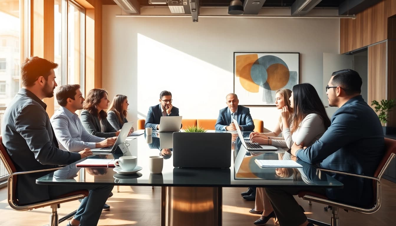 Engaged business professionals collaborating at https://www.shiverhamilton.com in a modern office.
