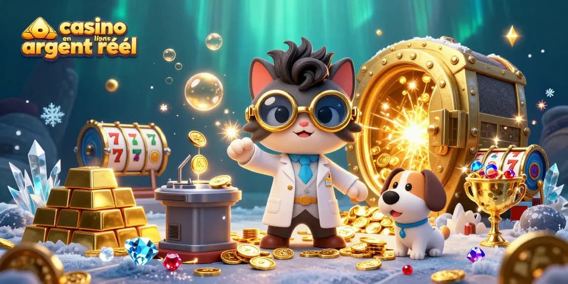 Jouer au casino en ligne argent réel avec un chat fou et son chien assistant créant de l'argent.