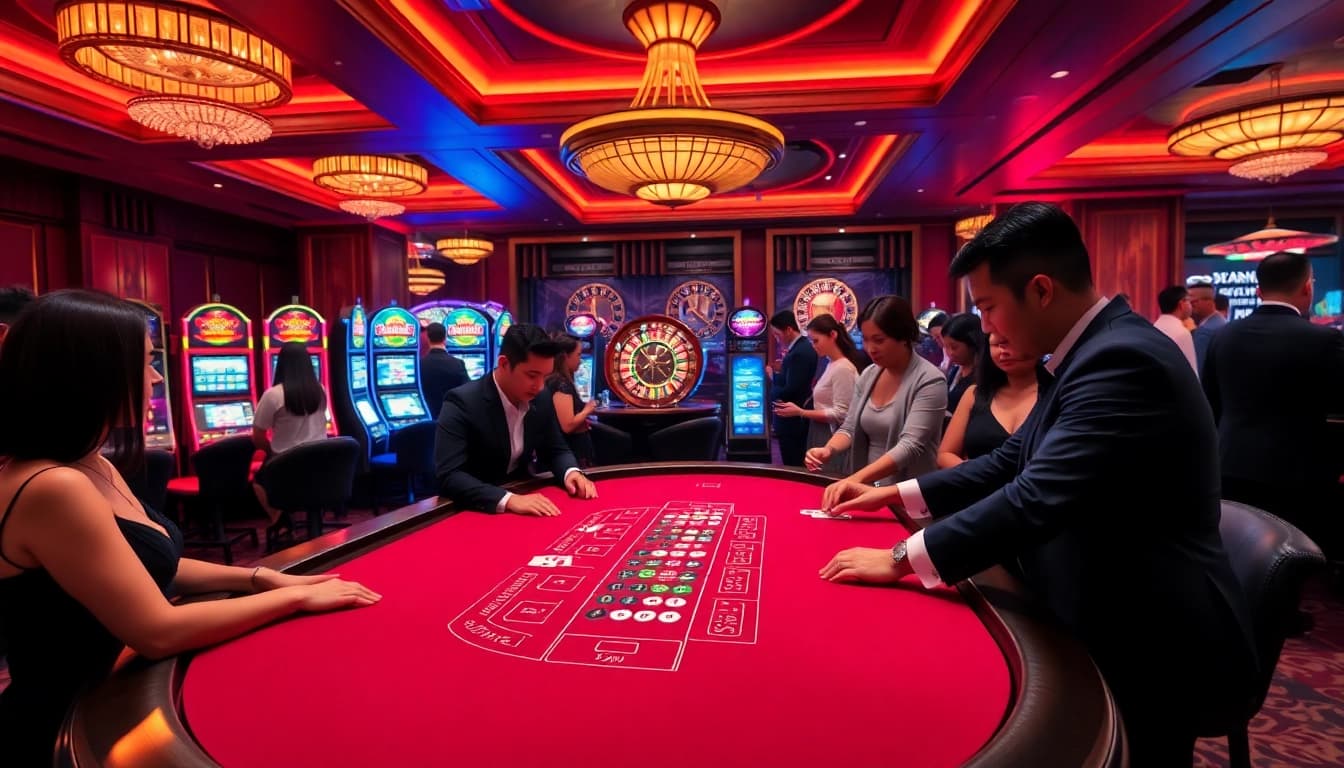 Exciting gambling scene at https://jun88pl.com/ featuring blackjack and roulette wheels in a luxurious casino.